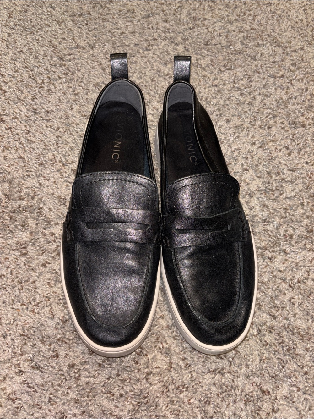Vionic Black Leather Slip-On Penny Loafers with White Sole